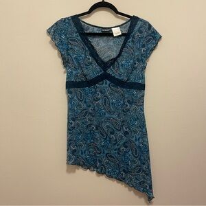 Y2K Joe Boxer Blue Paisley Asymmetrical V-Neck Top with Lace trim